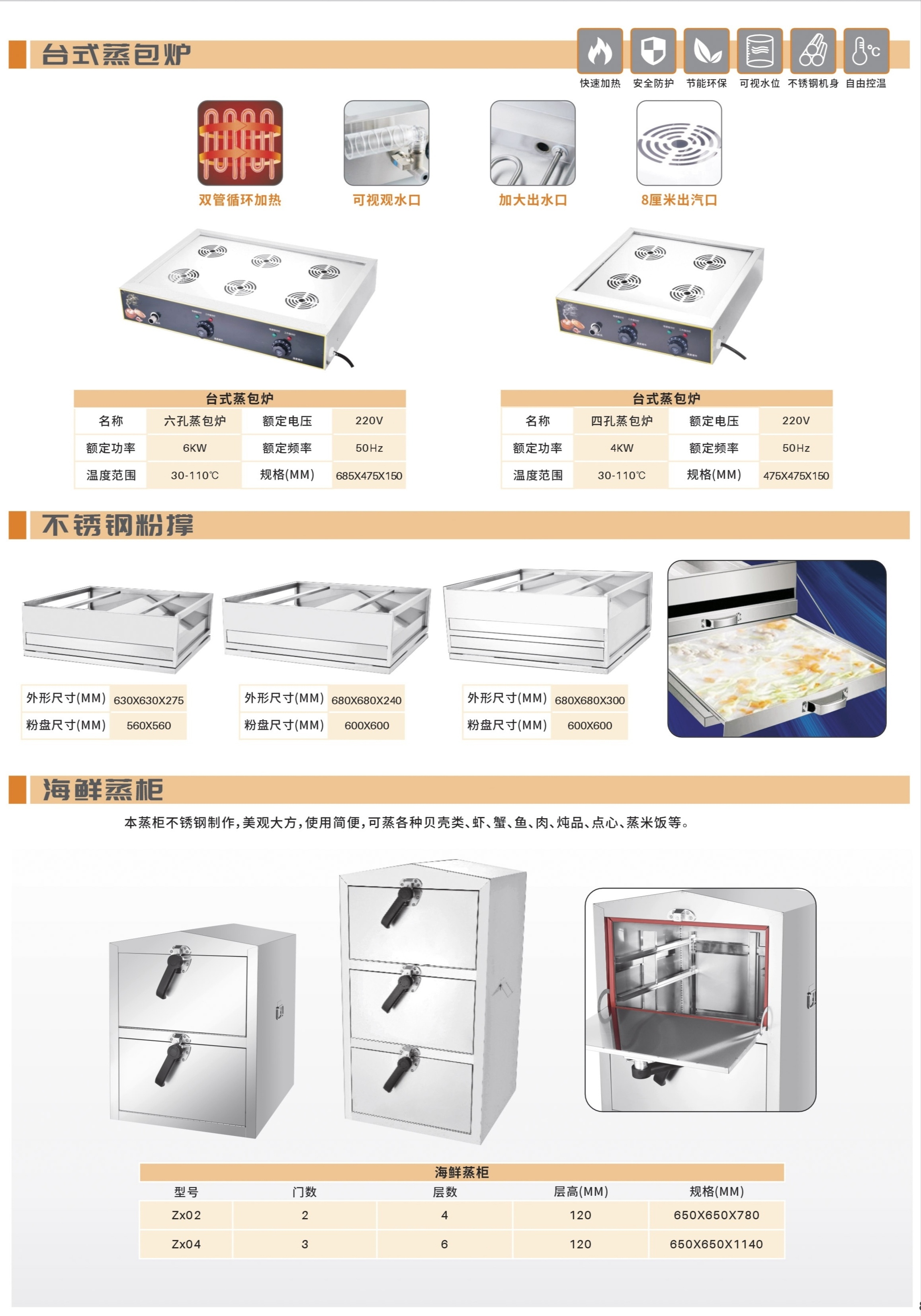 台式蒸包炉、不锈钢肠粉撑、海鲜蒸柜